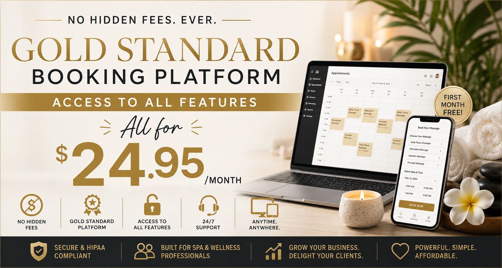 Gold standard booking platform for $24.95/month, no hidden fees.