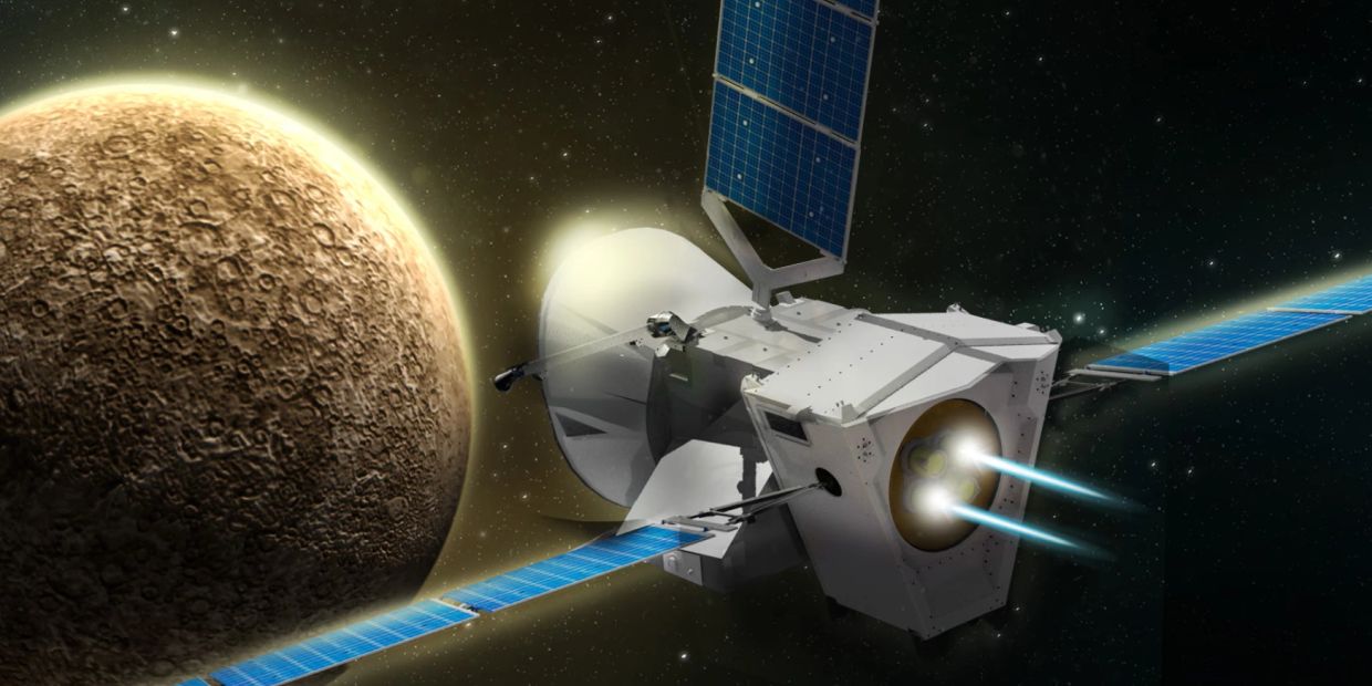 Spacecraft flying near a planet with solar panels extended.