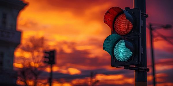 Traffic light showing red and green against a vibrant sunset sky.