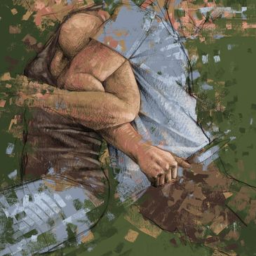 Abstract painting of two people embracing, one hiding a knife behind their back.