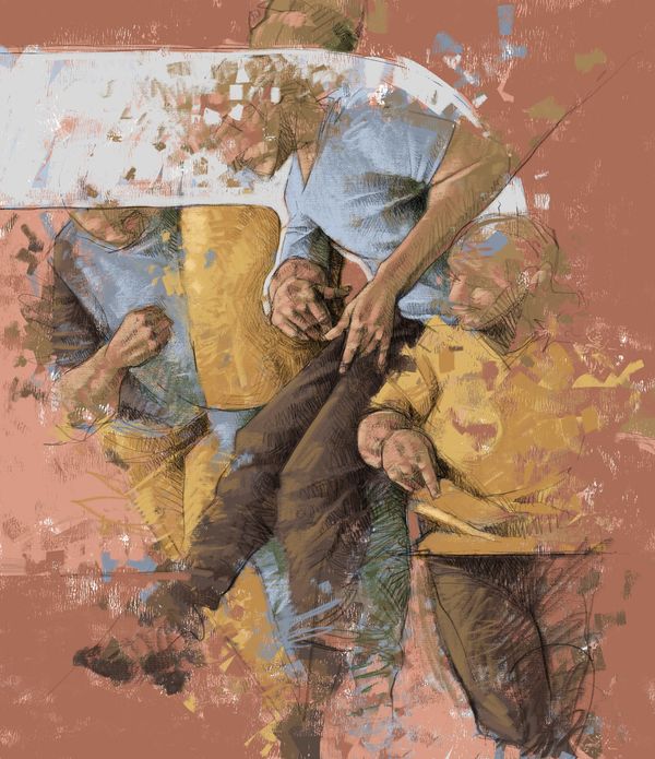 Abstract painting of two people interacting with dynamic brushstrokes and muted colors.