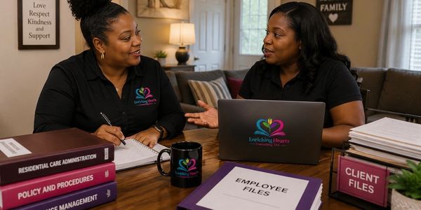 Two women discussing work at a table with files and a laptop.