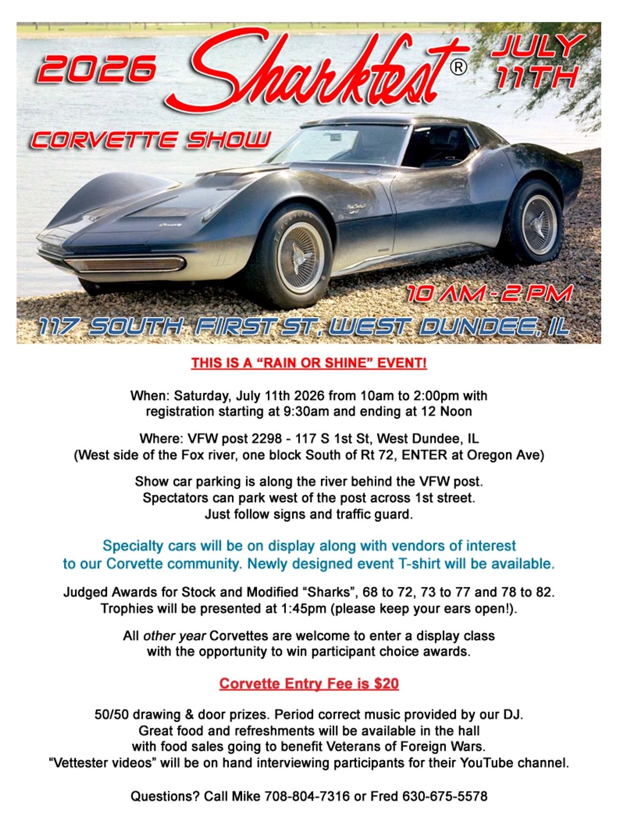 2026 Sharkfest Corvette Show on July 11 in West Dundee, IL.
