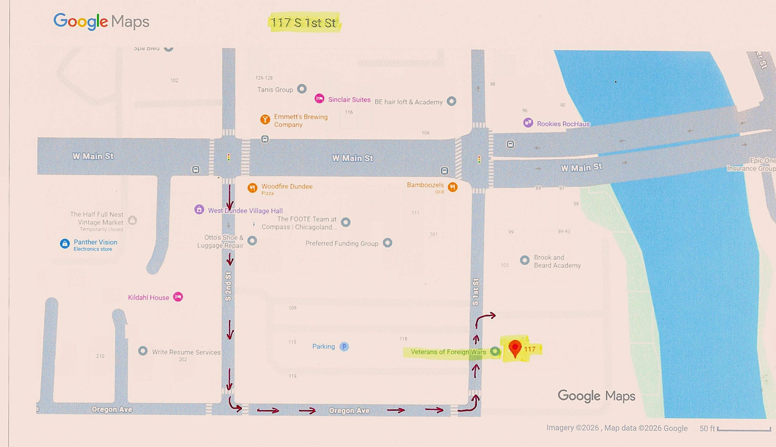 Google Maps showing 117 S 1st St and nearby streets with highlighted route and landmarks.