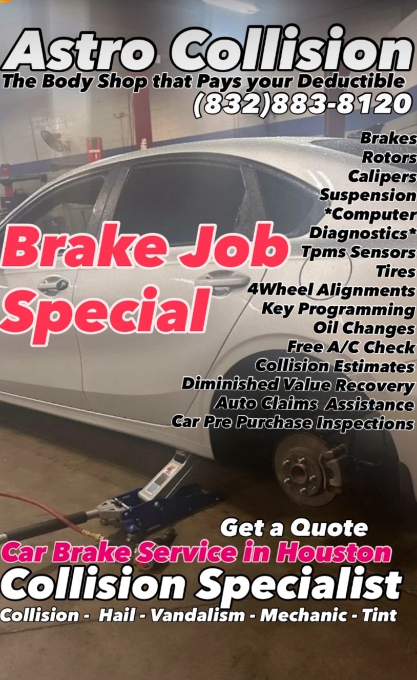 Car on a jack with brake job special advertised by Astro Collision in Houston.