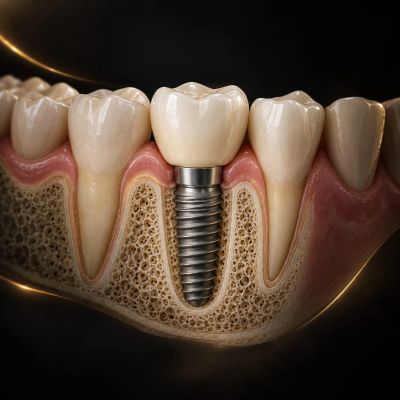 Dental implant integrated among natural teeth.