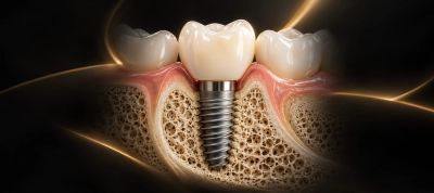 Dental implant showing crown and bone integration.