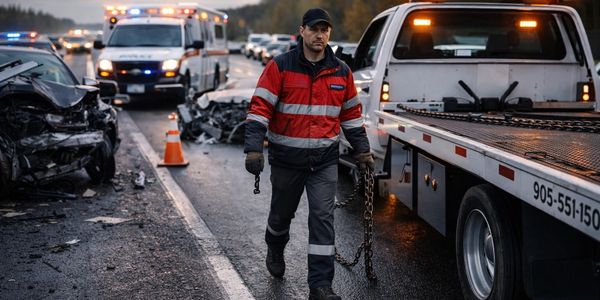 A tow truck worker walks at a car accident scene with emergency vehicles in the background.