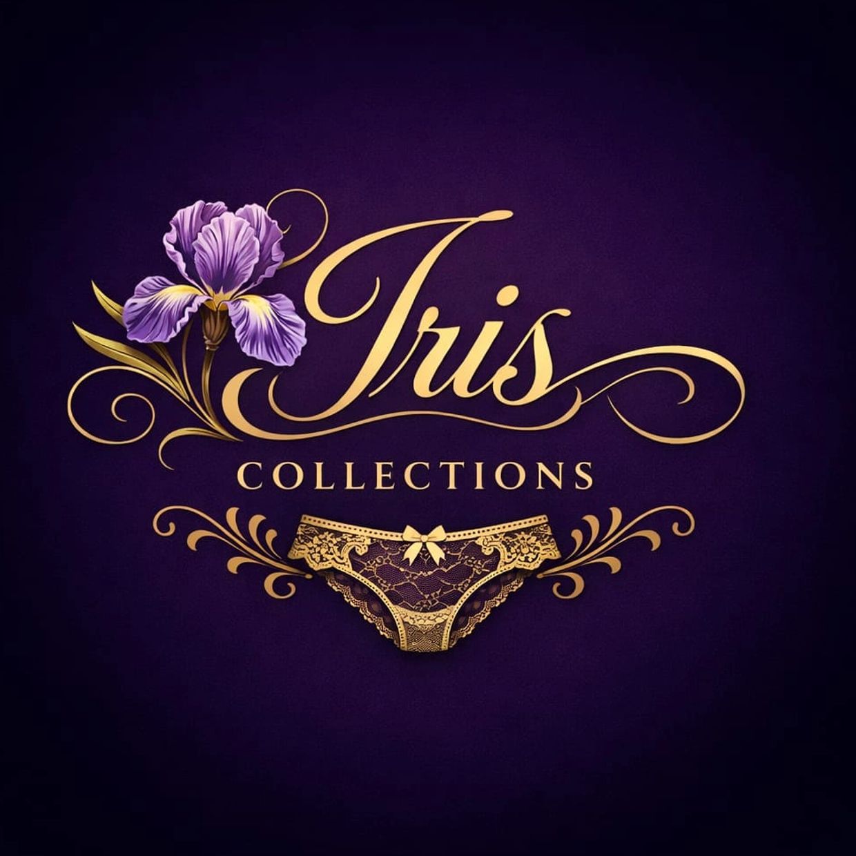 Elegant logo for Iris Collections featuring a purple iris and gold lace underwear.