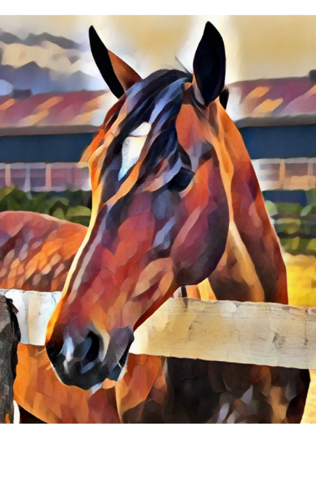 A stylized painting of a brown horse behind a wooden fence.