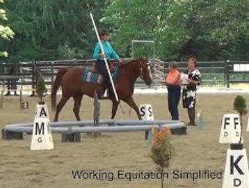Child riding a horse through an equitation course with markers.