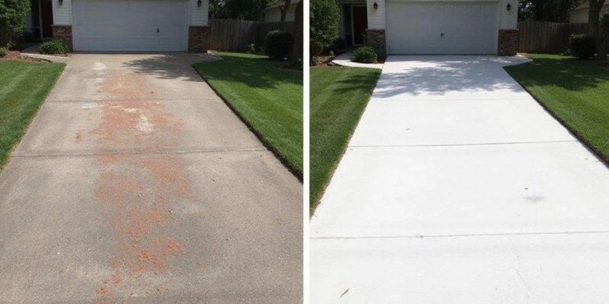 Before and after photos of a cleaned and resurfaced driveway.