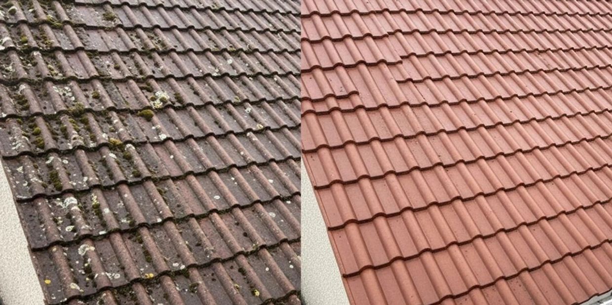 Before and after cleaning of a tiled roof showing moss and dirt removal.
