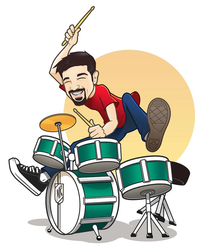 cartoon image of Mike Rumore playing drums