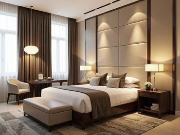 A modern bedroom with a large bed, soft lighting, and elegant decor.