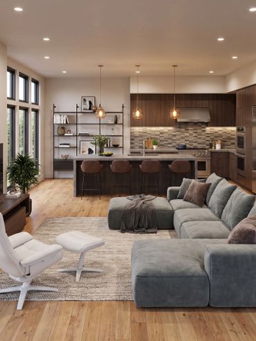 Modern open-concept living room and kitchen with cozy seating and warm lighting.