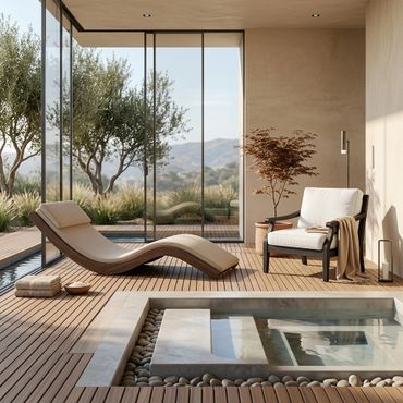 Modern indoor spa area with lounge chair and large windows overlooking nature.
