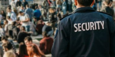 Security guard overseeing a crowded public area.