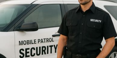 Security guard standing in front of a mobile patrol vehicle.