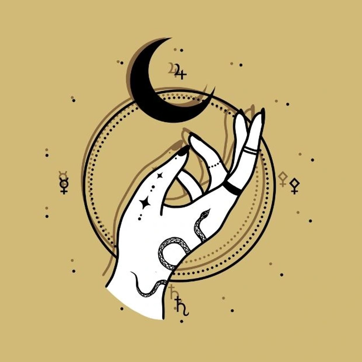 Illustration of a hand with mystical symbols and a crescent moon.
