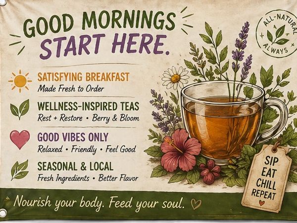 Inspirational morning menu promoting healthy, local, and all-natural breakfast and teas.