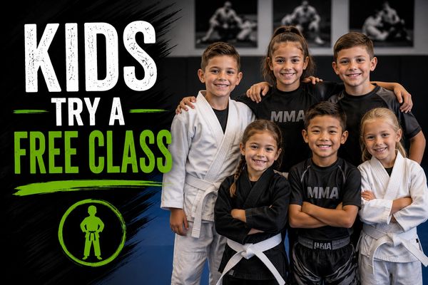 Happy kids in martial arts uniforms promoting a free class for children.