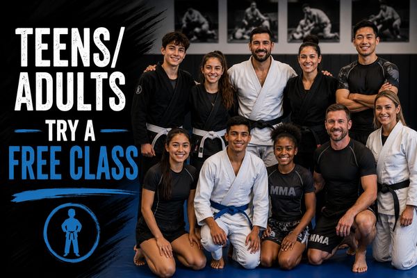 Group of teens and adults in martial arts attire promoting free classes.