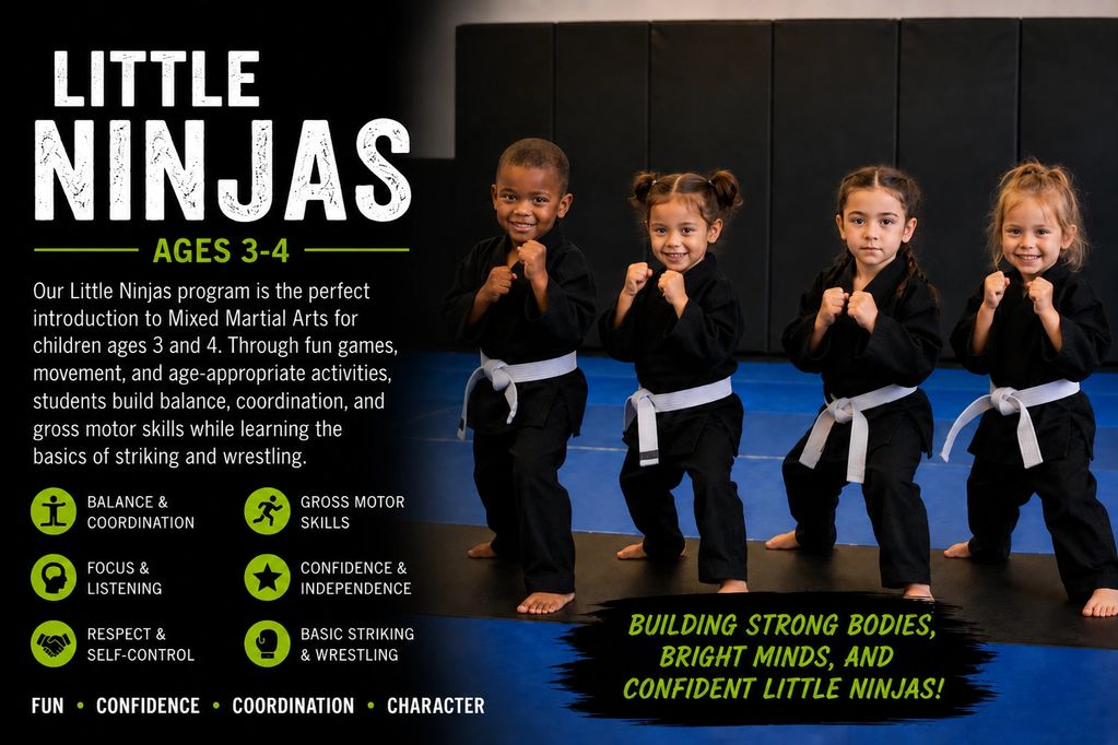 Four children in black martial arts uniforms pose confidently in a Little Ninjas program for ages 3-4.