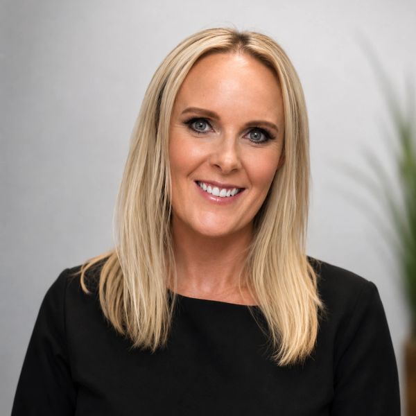 Smiling woman with blonde hair in a black top.