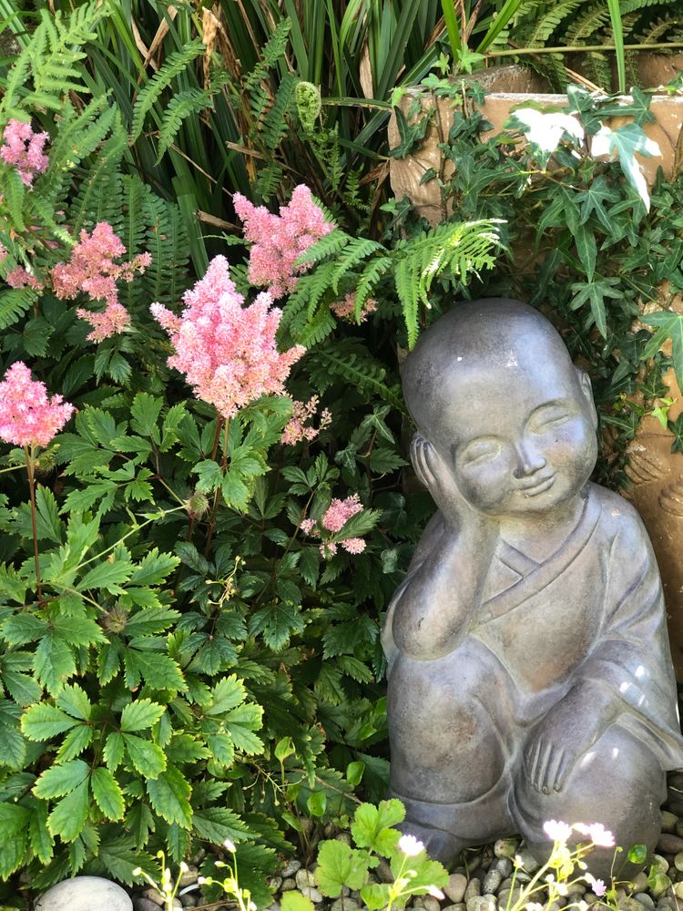 resting buddha amongst pink flowers