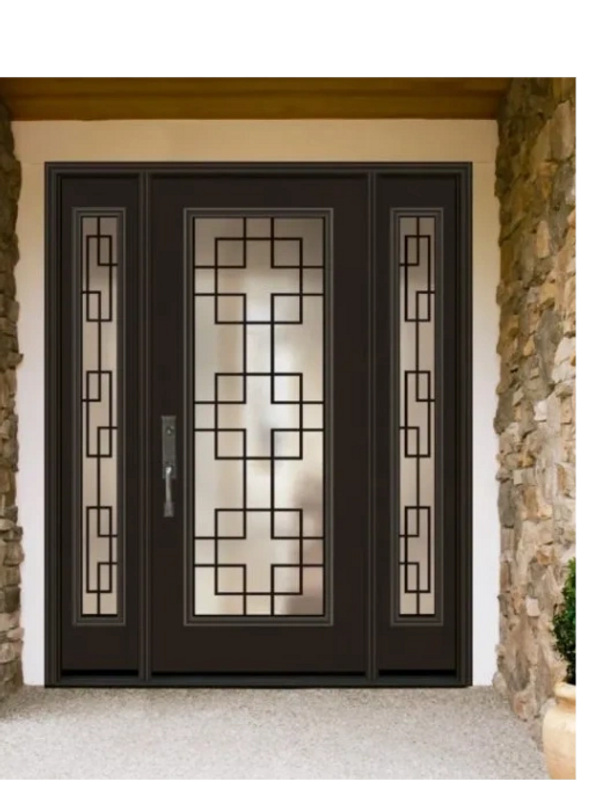 Contemporary entry door system
Decorative privacy glass
Door with two sidelites
Retractable screen