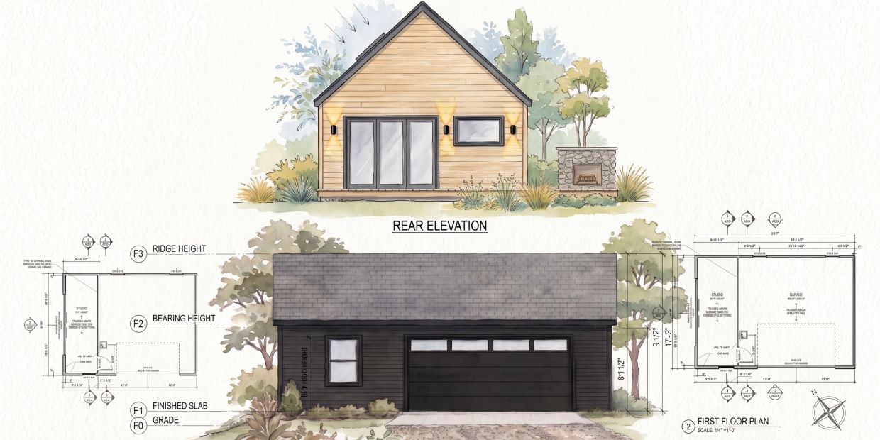 Architectural plans and elevations of a small modern house.