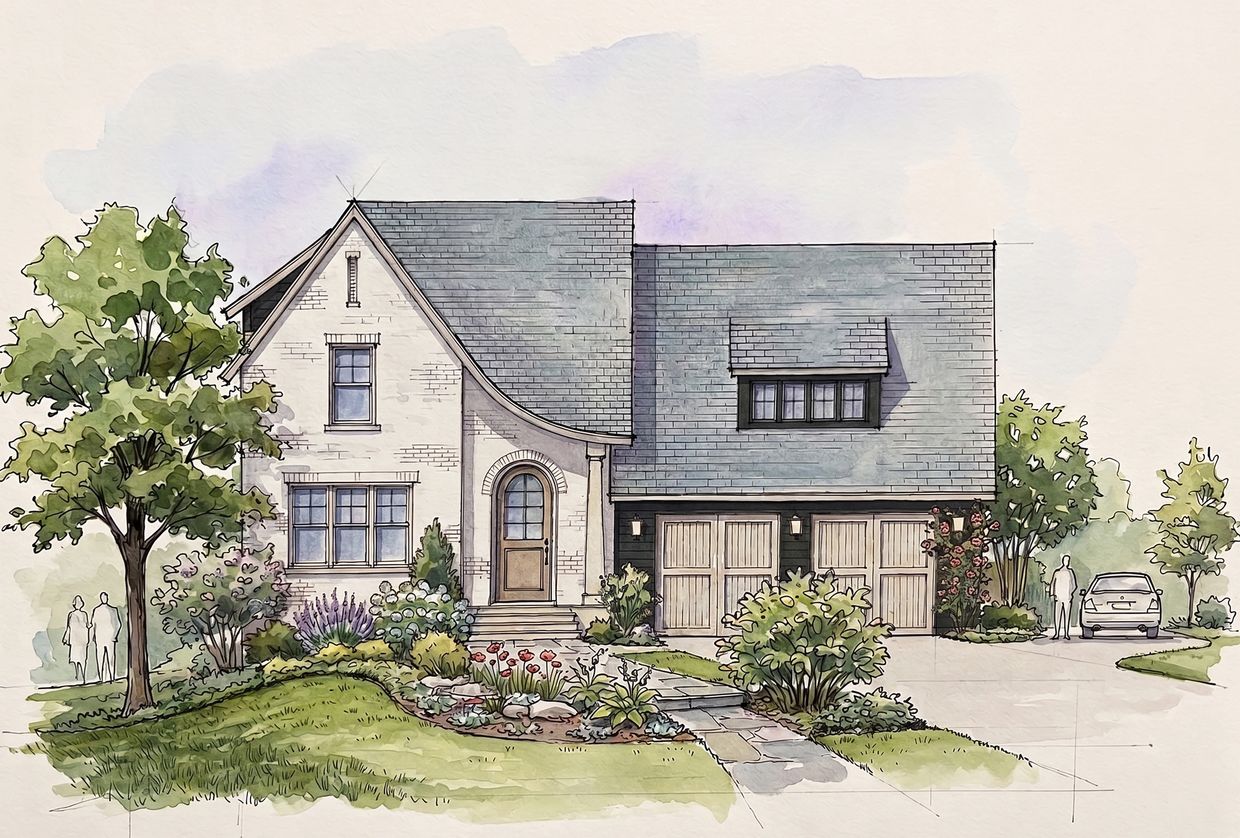 Watercolor house illustration with garden and garage.