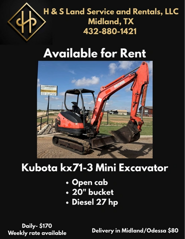 Kubota kx71-3 Mini Excavator available for rent in Midland, TX.