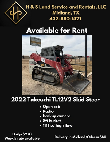 Takeuchi TL12V2 skid steer available for rent with open cab, radio, and backup camera.