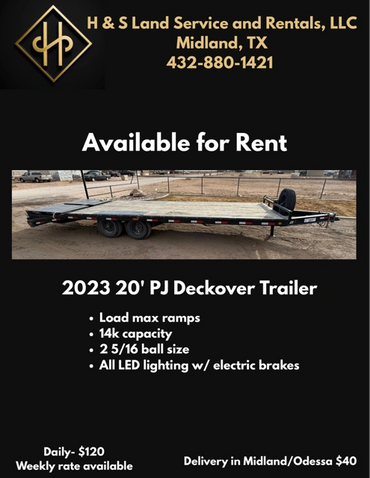 2023 20' PJ Deckover Trailer available for rent in Midland, TX with 14k capacity and electric brakes.