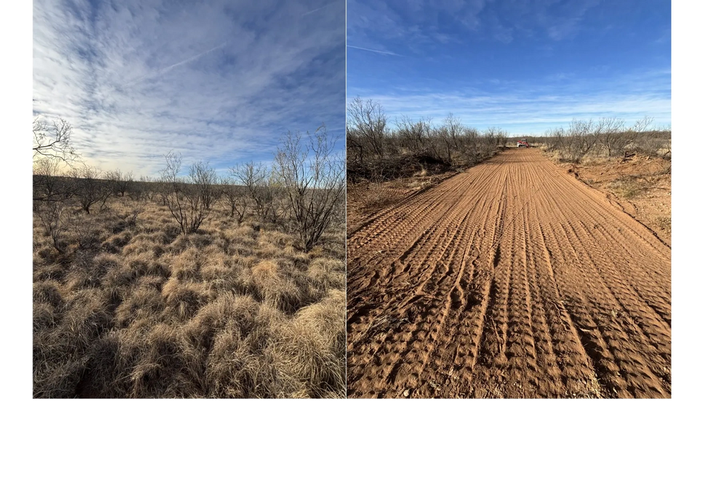 Side-by-side images of natural grassland and a freshly graded dirt road under a blue sky.