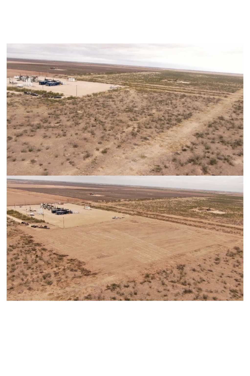 Two aerial images showing land clearing near an industrial site in a desert area.