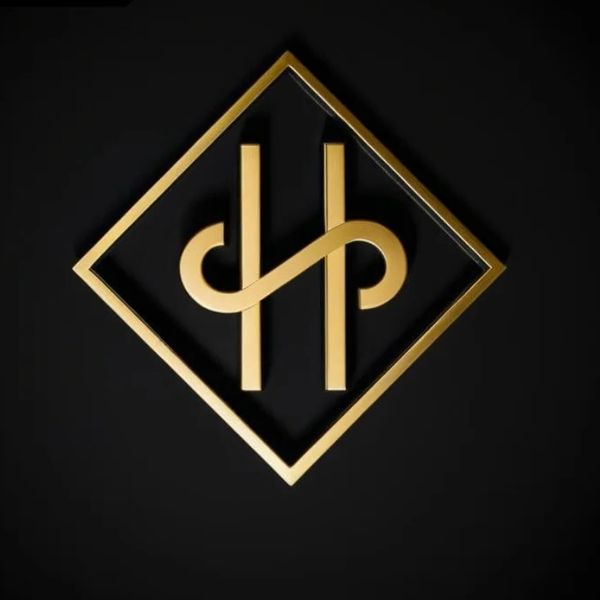 Elegant gold monogram logo with intertwined letters inside a diamond frame on black.