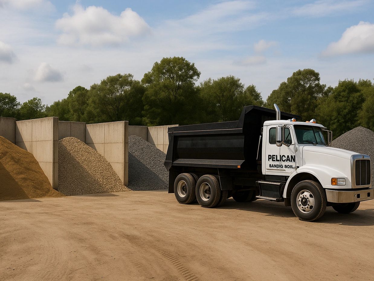 Dump truck parked near large piles of gravel and sand under a partly cloudy sky.