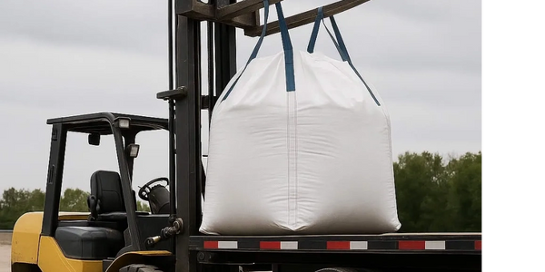 Forklift loading a large white bulk bag onto a truck bed outdoors.