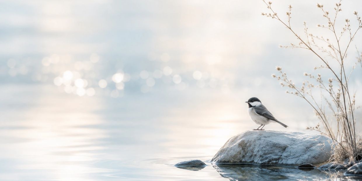 A bird perched on a rock near water at sunrise.