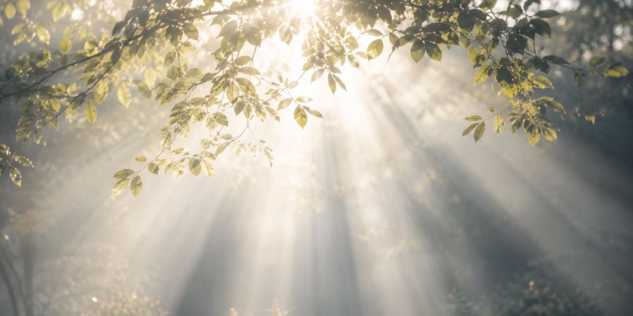 Sunlight streaming through tree leaves.