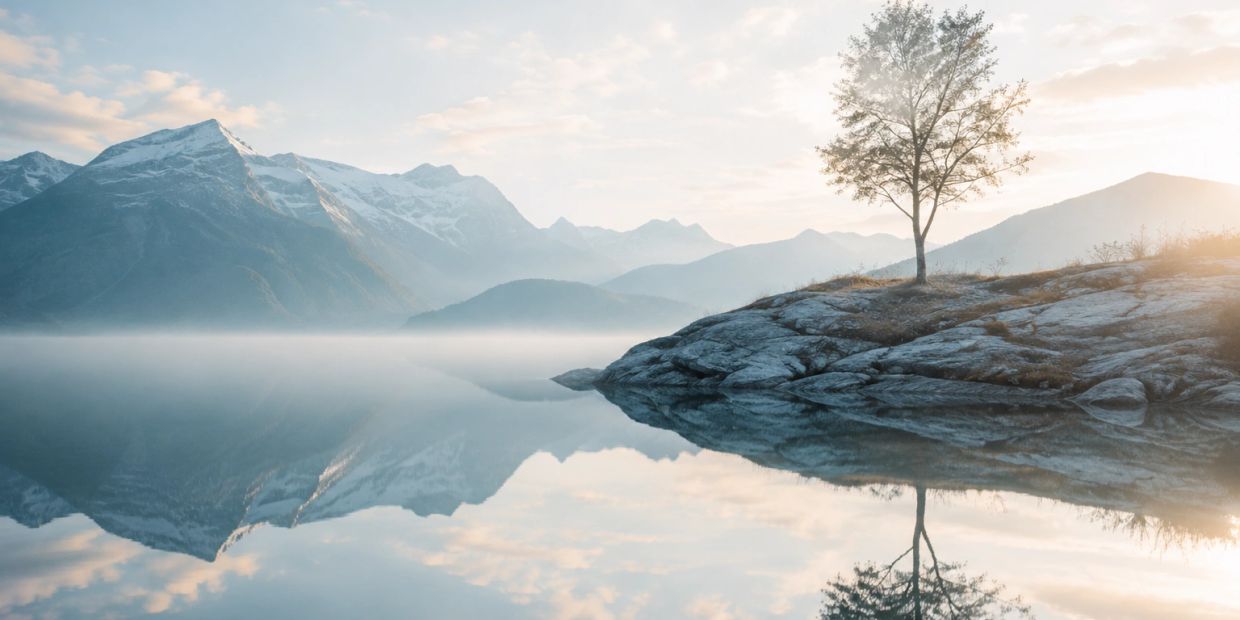 A lone tree on rocky shore reflected in calm lake with snowy mountains in background.