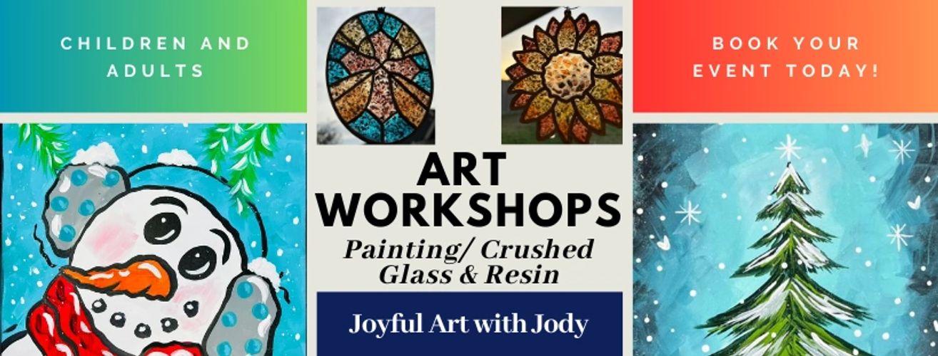 Art workshops for children and adults featuring painting, crushed glass, and resin.