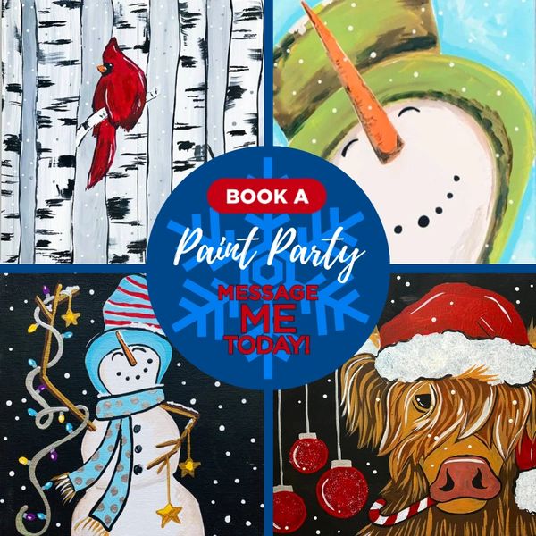 Festive winter-themed paintings with a cardinal, snowmen, and a Santa-hat cow.