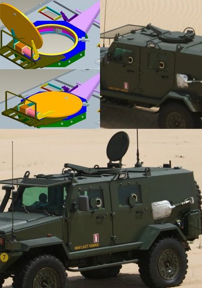 Military vehicle with a roof hatch, shown in CAD design and real-world photos.