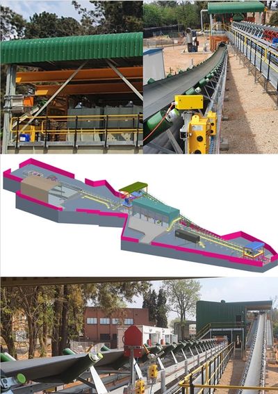 Industrial conveyor belt system used for material handling outdoors.