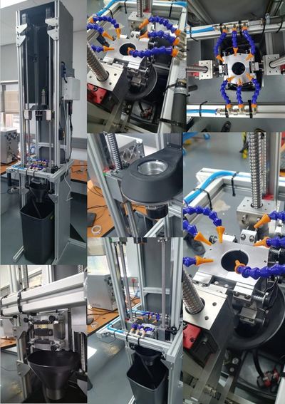 Collage of a precision industrial machine with mechanical arms and metal components.