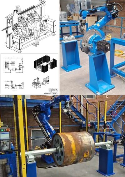 Industrial robotic arms performing automated tasks with engineering blueprints.